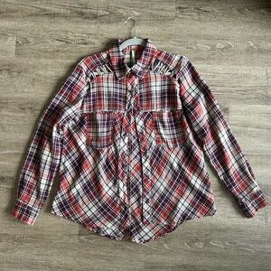 Free People Flannel Shirt with Lace Shoulder Detail Flowy Linen Like Top